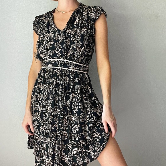 Anthropologie Maeve Noronha Black Elephant Print Flowy Faux Wrap Dress Small - Picture 2 of 6